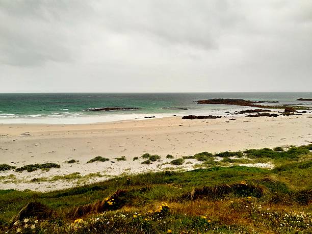 The striking contrast between green machair, white sands, and vibrant turquoise Atlantic waters at the edge of Balranald.