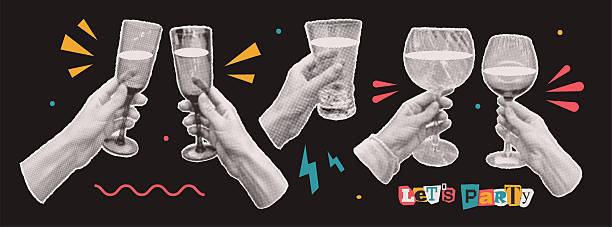 Halftone hands holding wine, champagne, cocktail glasses. People celebrate event together. Modern paper collage for retro party. Newspaper torn out elements. Vector