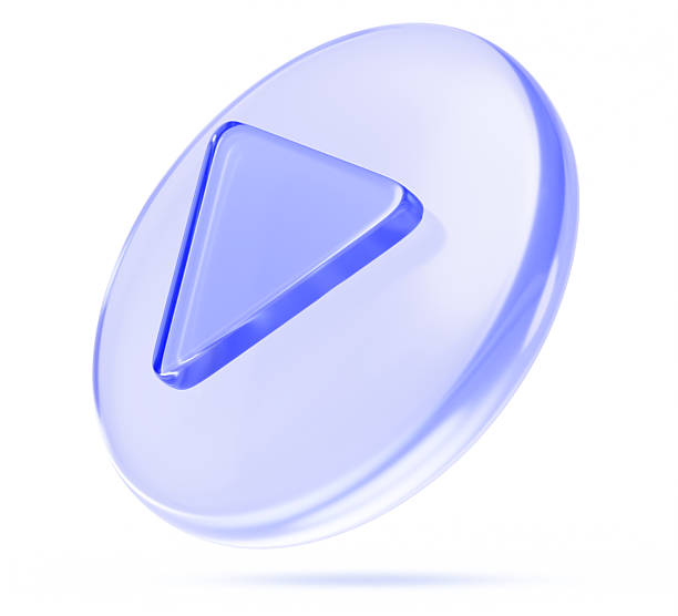 Blue glass play button 3d icon - transparent circle badge with crystal glossy triangle. Interface element, player for start playing video or music. Modern ui design isolated on white. 3D illustration