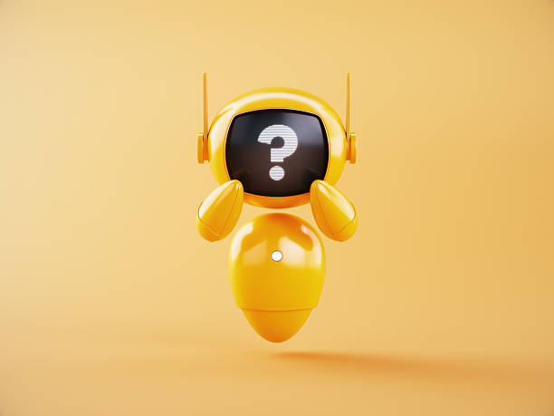 3D render of a cute yellow AI chatbot robot showing a question mark on its screen over a warm background. Customer support, FAQ, troubleshooting, assistance, problem solving, and artificial intelligence technology concepts.