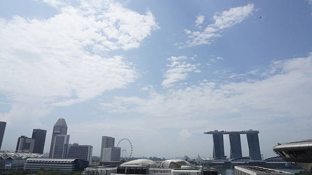 A scenic view of the Singapore skyline features the iconic Marina Bay Sands hotel and the Singapore Flyer under a cloudy sky. The vibrant city contrasts with the serene sky. No living organisms are visible.