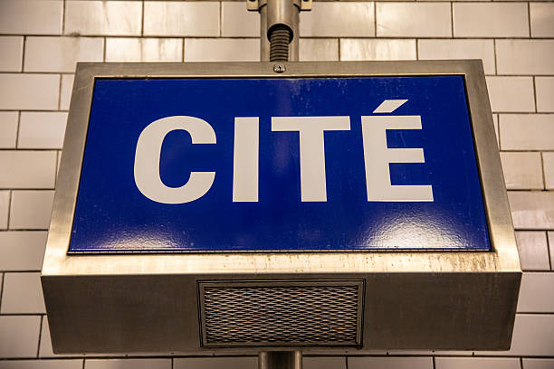 Close-up of a sign at Cite metro station on the Paris Underground Subway in Paris, France.