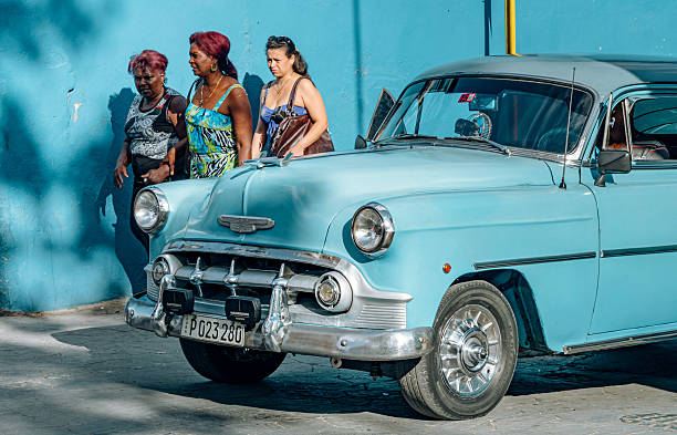 Santiago de Cuba, Cuba on February 16, 2017: A classic turquoise car parked by a bright blue wall as three Cuban women walk by, creating a vibrant street scene filled with color and nostalgia.