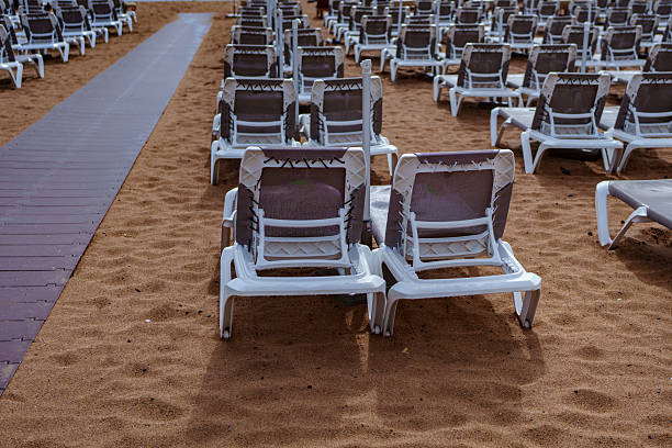 Empty resort beach with rows of sunbeds on sand beside wooden boardwalk path.