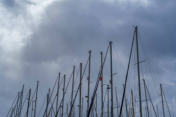 Minimal view of marina mast tops under stormy clouds, nautical travel background with copy space.