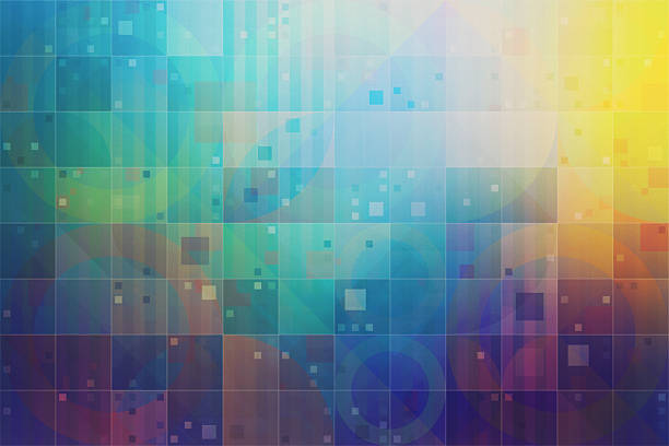 This vibrant abstract digital background features a sophisticated blend of geometric shapes including overlapping circles and squares set against a structured grid. The dynamic interplay of teal, orange, and purple hues creates a futuristic atmosphere suitable for technology and data-driven design projects.