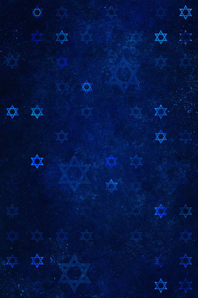 Star of David symbols scattered, dark blue textured background, solemn Jewish heritage celebration