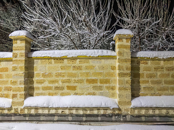 High stone fence made with the shell rock blocks partly covered with fluffy snow and hoarfrost against the snowy tree branches and dark sky at street evening lighting in winter night