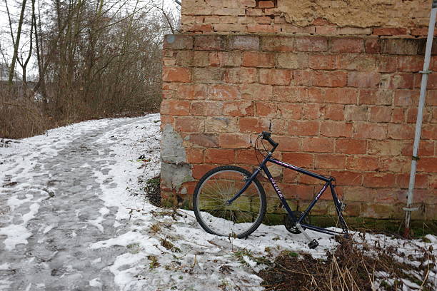 A red bicycle with a front basket leans against an old, moss-covered brick wall. The rustic setting features weathered bricks, patches of greenery, and a natural, earthy atmosphere.