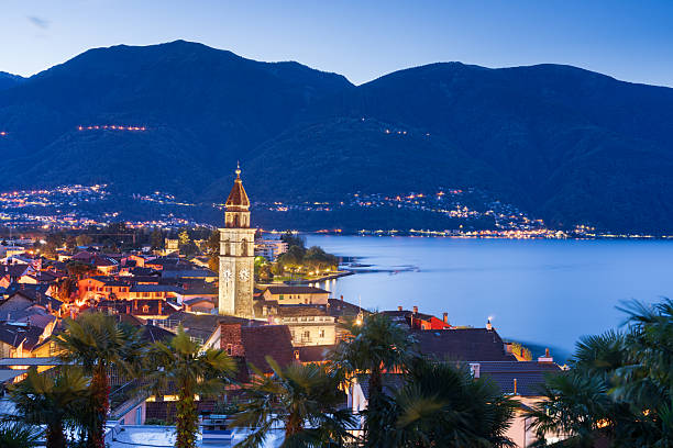 Ascona, Switzerland townscape on the shores of Lake Maggiore at blue hour.