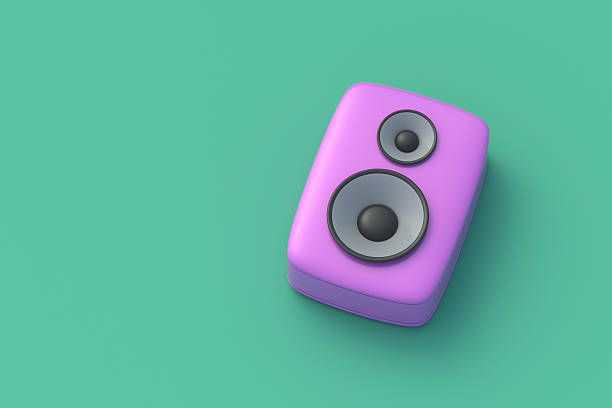 Audio speaker on green background. Modern woofer. Acoustic device. Copy space. 3d render