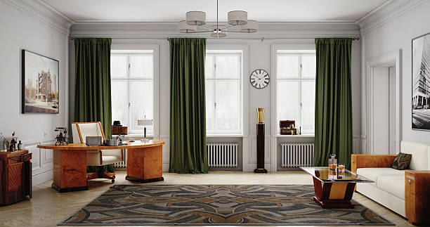 Digitally generated wide view of a retro-inspired executive office flooded with soft daylight from three tall windows framed by deep green curtains. A sculpted wood desk with vintage accessories, patterned area rug and cream sofa with glass coffee table create a luxurious yet approachable corporate interior, perfect for leadership, management, law or financial services themes. Classic architecture and mid-century furniture styling evoke stability, tradition and high-end business.