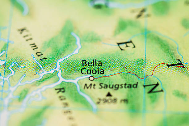 Detailed map close up highlighting Bella Coola and Mount Saugstad area