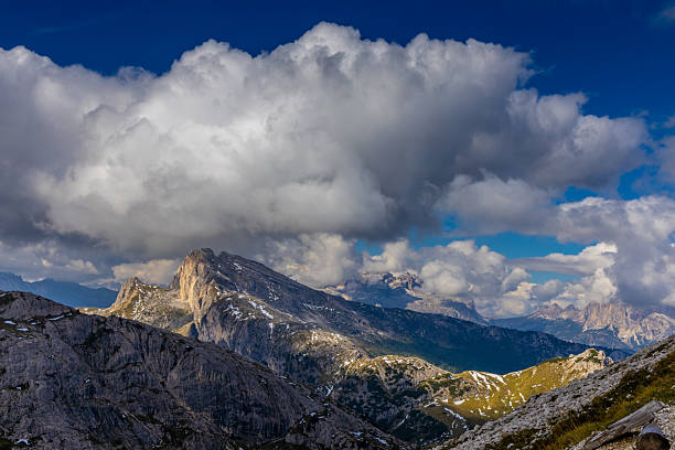 Dolomites mountain landscape under cloudy and stormy weather with low visibility, mist, and dramatic limestone peaks. Alpine environment showing changing climate conditions, rugged geology, moody sky, high altitude terrain, European Alps scenery, and atmospheric mountain background