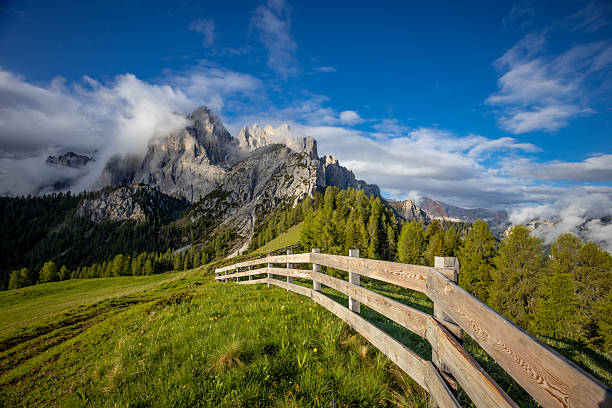 Dolomites mountain view in northern Italy with sharp limestone peaks, alpine ridges, and open valleys. High altitude landscape showing unique geology, European Alps environment, outdoor recreation area, hiking and climbing destination, and panoramic natural scenery background