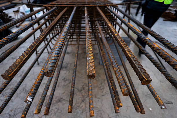 Wide shot of the construction site with installed steel reinforcements