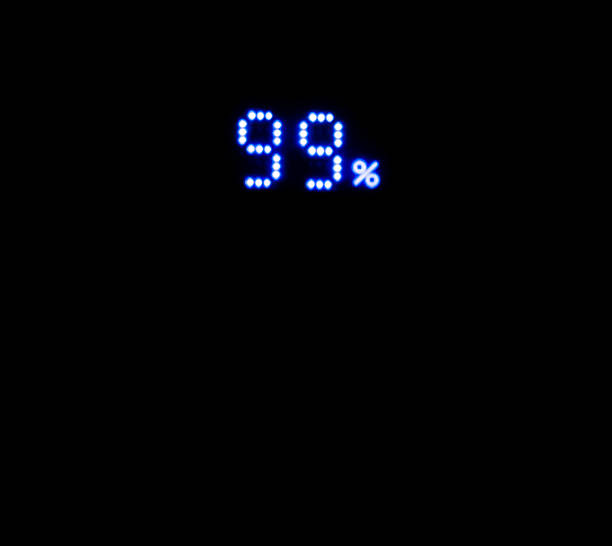 Digital display showing percentage value 99, indicating completion or proximity to a goal, represented by illuminated blue dots on a dark screen background
