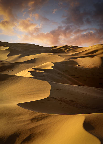 Sand dunes Sahara Desert at sunset and sandstorm, 3D illustration