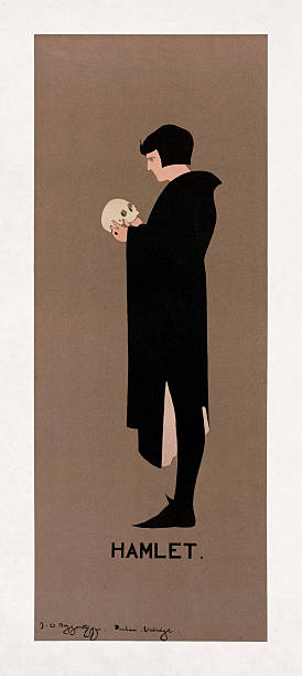 Color lithographic poster by Beggarstaffs depicting Prince Hamlet holding Yorick's skull, from the play by William Shakespeare.