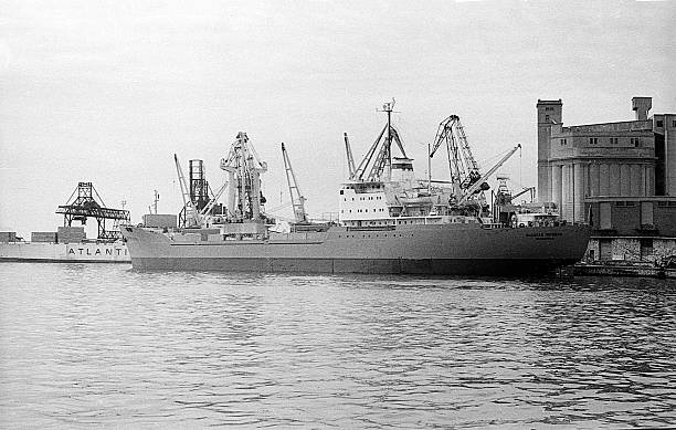 Genoa, Italy, - September 5, 1978: soviet cargo ship Nikolai Pogodin in port of Genoa
