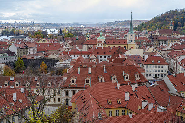 Prague city skyline view from the Prague Castle of the of old buildings in the Mala Strana district, Czech republic