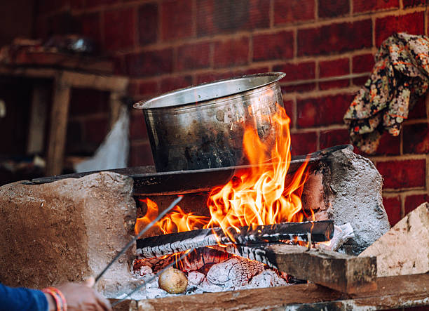 Rustic outdoor cooking over an open flame with a metal pot balanced on bricks. Warmth, smoke, and a traditional, backyard kitchen vibe from Pushkar, India.