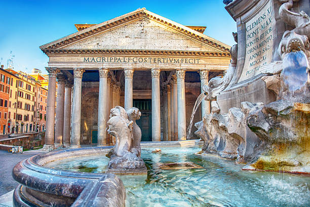 The Pantheon and the Fontana del Pantheon at sunrise in Rome, Italy