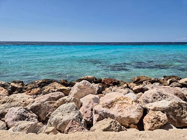 Blue Caribbean sea with bright white rocks in front, under clear sky, Curacao, Dutch Antilles, Caribbean