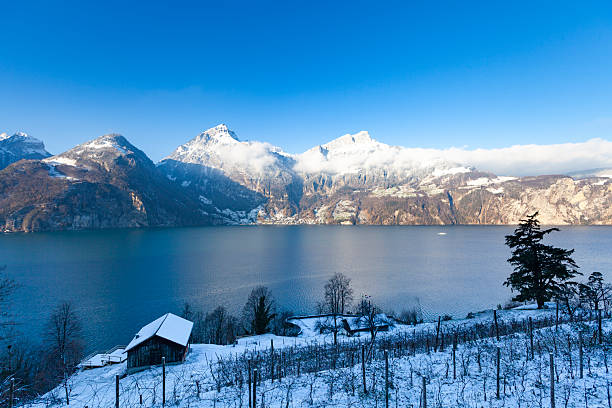 Winter landscape overlooking Lake Lucerne (Vierwaldstättersee) in central Switzerland. Calm blue lake waters are framed by snow-covered alpine mountains, low clouds, and rural lakeside buildings, illustrating a serene Swiss winter scenery in clear daylight.