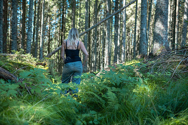 A blonde woman in green pants with her Russell Terrier dog on a leash walks in the Pokljuka forests in the summer. She is equipped with a backpack as she searches for wild berries and mushrooms.