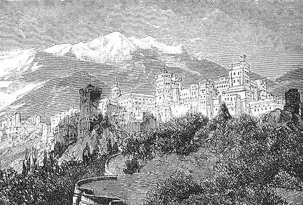 Alhambra, a general view of the vast fortress nestled in the mountains, with its towering structures set against a rugged landscape, capturing its Moorish grandeur and defensive majesty, old vintage illustration, 1898.