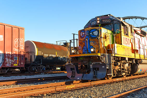 Barcelona, Spain - February 19, 2022: Graffiti on a train at Franca railway station in Barcelona, Spain.