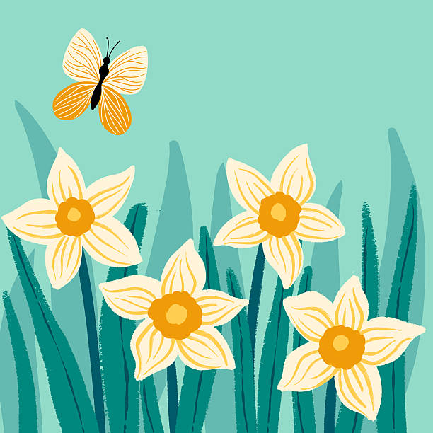 Cute Easter IllustrationWith A Butteerfly And Daffodils