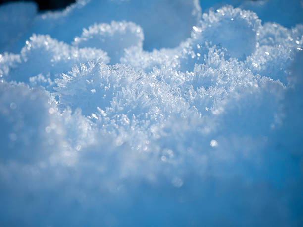 Close Up Sparkling Snow Crystals On Frozen Surface, Soft Blue Light, Shallow Depth Of Field, Glittering