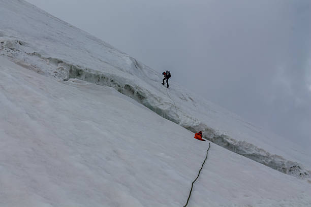 Alpinists climbing in the Pamir Mountains with ropes and technical equipment on steep high altitude terrain in Central Asia. Mountaineering scene showing expedition activity, remote wilderness, rugged geology, extreme elevation conditions, adventure travel, and alpine environment background