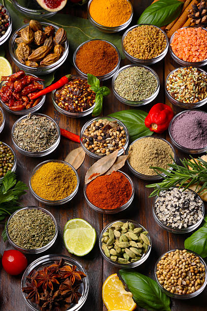 Assortment of herbs and spices preparing spicy meal