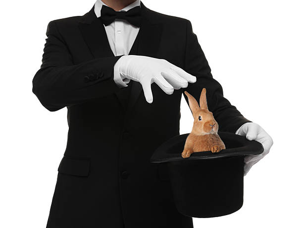 istock Magician showing trick with top hat and rabbit on white background, closeup 2259277151