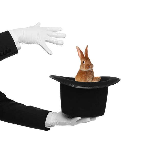 istock Magician showing trick with top hat and rabbit on white background, closeup 2259277178