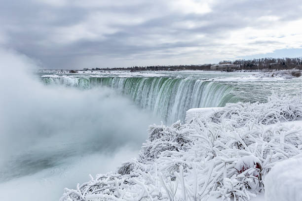 Niagara Falls covered in snow and ice as temperatures plunge the area in a deep freeze during a polar vortex - Ontario Canada