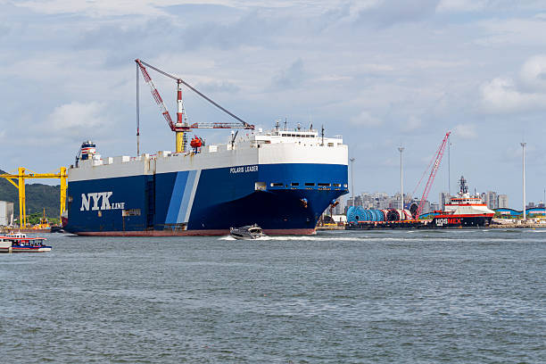 Santos, SP, Brazil - January 17 th, 2026: NYK Line cargo ship Polaris Leader leaving the Santos Estuary heading towards the open sea.