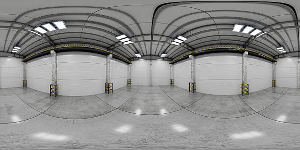 Environment map for your project, panorama. Virtual showroom of a production facility. Virtual reality map of a process facility. 360-degree spherical HDRI panorama of a warehouse interior. 3D render.