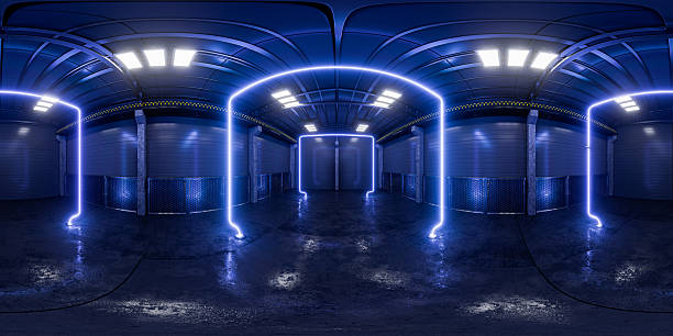Equirectangular panorama of a warehouse with blue neon lighting for your project. A virtual, sci-fi showroom of a production facility. A spherical HDRI panorama of the warehouse interior. 3D render.