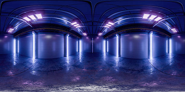 Spherical HDRI panorama of the warehouse interior. Equirectangular panorama of a warehouse with blue neon lighting for your project. A virtual, sci-fi showroom of a production facility. 3D render.