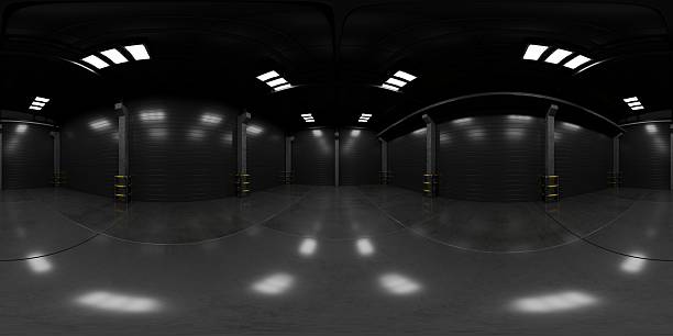 equirectangular panorama of a dark warehouse for your project. A virtual showroom for a production facility. A 360-degree spherical HDRI panorama of the warehouse interior. 3D render.