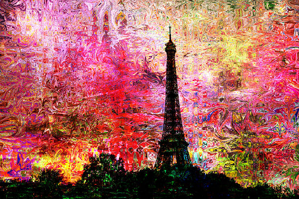 Vibrant abstract interpretation of the Eiffel Tower in Paris, presented as a dramatic dark silhouette against a swirling explosion of intense reds, pinks, yellows, and luminous textures. This expressionist digital photo montage transforms a world-famous landmark into a surreal, painterly vision filled with motion, emotion, and layered visual energy.