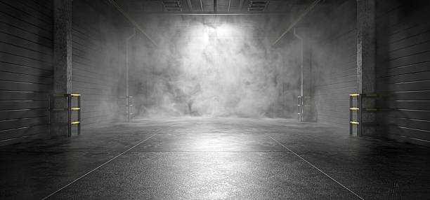 Garage, hangar, industrial space, workshop. A background with smoke, steam, and dust for a futuristic design. An industrial backdrop for your product. Futuristic background. 3D render.