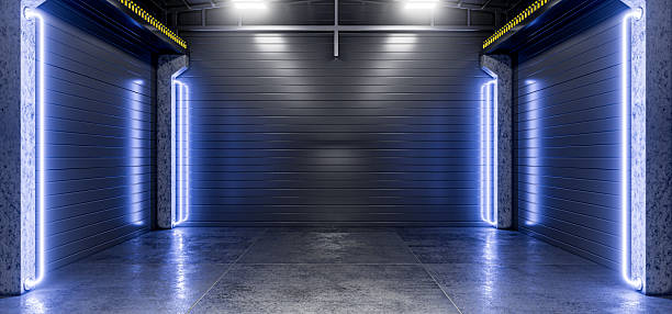 Futuristic background. Hangar, garage, showroom, workshop. Basement, industrial background with neon lights for futuristic design. Industrial background with neon lights for your product. 3D render