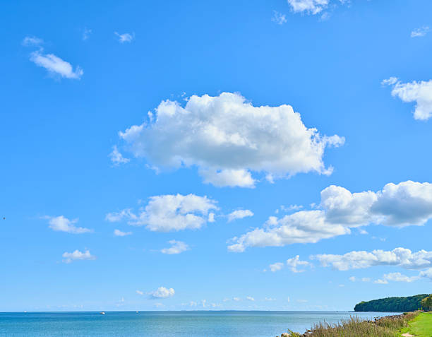 A peaceful seascape under a vivid blue sky dotted with fluffy clouds. The horizon meets a calm sea while a narrow strip of beach and green vegetation runs along the shore, suggesting outdoor recreation, summer days, and scenic landscapes ideal for travel, lifestyle, and nature projects.