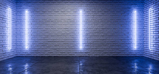 Futuristic background. Hangar, garage, showroom. Basement, industrial background, white brick background for futuristic design. Industrial background with neon light for your product. 3D render.