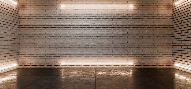 Background for a poster or painting mockup. Basement, industrial background, white brick background for futuristic design. Industrial background with neon light. Futuristic background. 3D render.